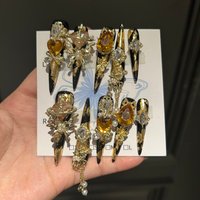Black Gold Scepter Luxury Baroque Press On Nails Extra Long Stiletto Black-Gold Gradient 3D Champagne Crystal Metal Lace Pearl P