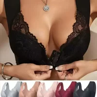 Solid Color Simple Plus Size Women's Bra with Gathered Fixed Cup Lace Vest Style Bra and Front Buckle Design for Easy Wearing