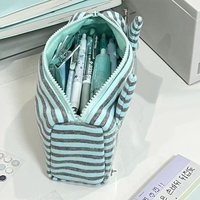 INS Mint Green Stripe Pencil Case Large Capacity Devil Horn Pen Bag with Transparent Pocket Stationery Bag Students