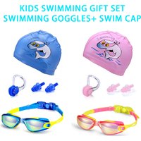 JSJM Colorful Children Silicone Swimming Goggles Anti-Fog UV Swimming Glasses Silicone Swim Eyewear Kids + PU Swim Cap Gifts Set