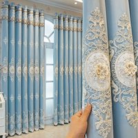 Luxury Double Layer Curtain Set - Light Blue Blackout Drapes & Embroidered Floral Voile Sheers for Living Room/Bedroom
