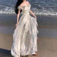 Summer French Ruffle Edge Dresses for Women Korean Fashion Women's Seaside Vacation Suspender Maxi Dress2026 New Fairy Dress