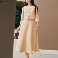 ZANZEA Women's Elegant Chic Skirt Suits O-Neck 3/4 Sleeve Cropped Cardigan & A-Line Skirt 2 Pieces Sets Minimalist Solid Outfits