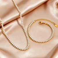 Women's Imitation Pearl Tennis Chain Necklace Bracelets, Stainless Steel 18K Gold Plated Fashion Chic Jewelry Set Gift