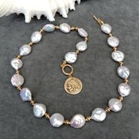 YYGEM 14x17mm Natural Freshwater White Coin Pearl Necklace 21mm gold plated Charm Pendant For Women Fashion Jewelry