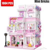 Mini City Street View Friends House Pink Wedding Dress Shop Modular Villa with Light MOC Architecture Building Block DIY Set