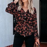 Plus size women's floral print V-neck ruffled long sleeved elegant shirt with elastic waist and loose fashion top