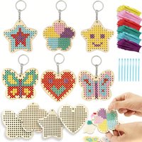 Wooden Cross Stitch Kits for Kids DIY Embroidery Keyrings Butterfly Flower Star Heart Safe Sewing Craft Gifts Girls Beginners