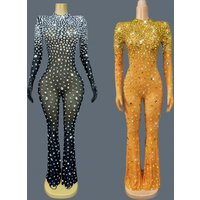 Luxury Sparkly Full Crystals Tight Fitting Jumpsuit Nightclub Singer Dance Stage Party Show Sexy Attractive Outfit Dashuijing