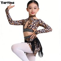 Kids Girls Leopard Print Latin Dance Outfit Performance Costume Halter Long Sleeves Crop Top with Shiny Rhinestone Tassels Skirt