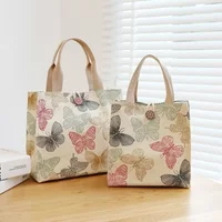 Cute Canvas Lunch Bag Butterfly Print Waterproof Thermal Insulation Bag Large Capacity Food Container for Women