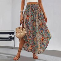 Bohemian Boho Vintage Floral Print Skirts Women Summer High Waist A-Line Pleated Elastic Long Skirts Casual Holiday Beach Skirt
