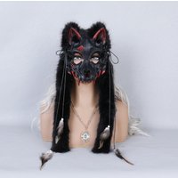 Elegant Faux Fur Wolf Head Mask with Intricate Beadwork and Tassels - Ideal for Carnival,, Performances, and Costume Parties