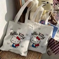 Hello Kitty Anime Canvas Tote Bag Large Capacity Women Shopping Bag Shoulder Bags Fashion Storage Bag Travel Tote Girls Gifts