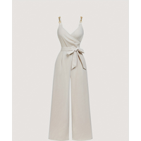 Spring/Summer New Women's Strap Jumpsuit French Style Elegant Academy Style Ins Classic Versatile V-Neck Decorative Buttons Bow Tie Straps Ruched Adjustable Shoulder Straps Camisole Top Wide-Leg Pants