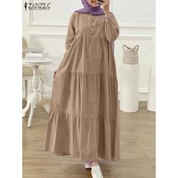 Autumn Muslim Abaya Long Dress ZANZEA Fashion Women Long Sleeve Solid Ruffles Sundress Robe Femme Eid Mubarek Islamic Clothing