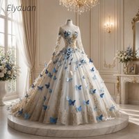 Fairy Blue Butterfly Ball Gown Wedding Dress Sheer Long Sleeve Lace Appliques Princess Bridal Gown Photoshoot Cosplay Customized