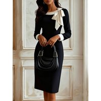 Autumn Professional Elegance Goddess Style Bow Tie Tailored Color-blocked Career Dress for Women