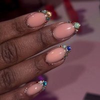 24Pcs Short Almond Press on Nails French Rhinestone with Design Fake Nails Art Detachable Artificial Full Cover False Nails Tips