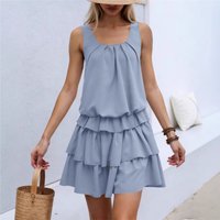 Summer New Fashion U-neck Cake Vest Dress Women Casual Multi-layer Ruffled Loose Slimming Sleeveless Female Beach Vacation Skirt