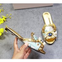 Embellished Blue Gem Pearl Decor Embroidery Flat Slippers Women's Luxury Satin Slide Sandals Gold Tone Mules Party Dress Shoes