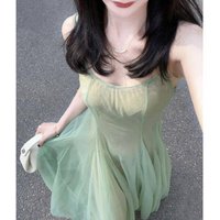 Ladies Green Strapless Long Dress Summer Holiday Backless Fairy Tale Style Tulle Skirt Separate Two-Piece Design Princess Sleeve