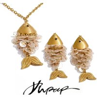 Yhpup Ocean Style Colorful Shell Fish Drop Necklace Earrings Set Stainless Steel Exclusive Handmade Gold Color Jewelry image 4