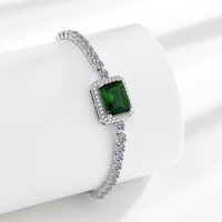 925 Sterling Silver Bracelet, Square Imperial Green Zircon Adjustable Size, Luxury Elegant Jewelry Bracelet For Men And Women