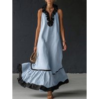 2026 New Women's Sleeveless V-Neck Loose Leisure Vacation Ruffled A-Line Backless Dress