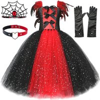 Sparkly Demon Vampire Queen Costume for Girls Spider Witch Halloween Long Tutu Dress Kids Carnival Outfit Gothic Feather Clothes