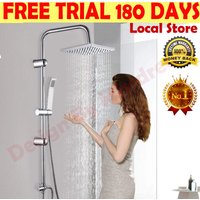 Luxury Bathroom Adjustable Square Chrome Overhead Rain Shower Waterfall Tap Kit Dual Rigid Slider Riser Rail Bar Rainfall Head and Hand Held Shower Twin Bath Set for Bathroom, Stainless Steel, Hose