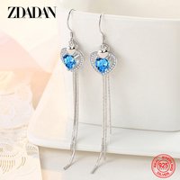 ZDADAN 925 Silver Heart Zircon Long Drop Earrings For Women Wedding Jewelry