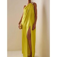 2026 New Women's One Shoulder Beaded Strap Maxi Dresses Solid Color High Waist Split-side Pleated Elegant Evening Wedding Gown