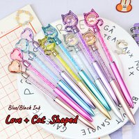 10Pcs/Lot Cute Crystal Cat Love Rotating Ballpoint Pens Exquisite Metallic Texture Student Diamond Blue/Black Ink Signature Pen