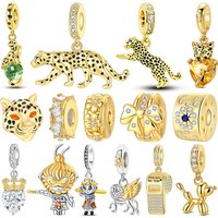 925 Sterling Silver Golden Series Leopard Charms Bead Bow Clip Crown Pendants Fit Bangle Bracelet DIY Jewelry Marking