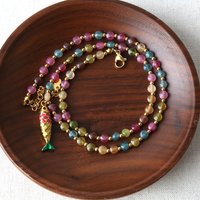 Ocean style mixcolor tourmaline natural stone handmade necklace titanium steel oil fish accessories Drop suitable for travel par