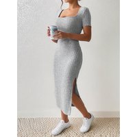 Summer Dresses for Women square neck hip-covering mid-length skirt short-sleeved versatile knitted slit dress