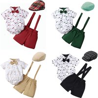 Tenue courte imprimée exquise pour bébé garçon, barboteuse avec salopette et chapeau trempé, ensemble de olympiques de fête d'anniversaire pour tout-petits, vêtements pour bébé, 9-36m
