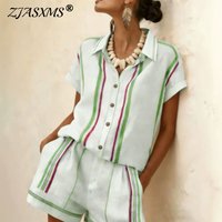 Summer Retro Striped Print 2Pcs Set Women Lapel Short Sleeve Pocket Shirt Shorts Suit Casual Loose Beach Travel Vacation Outfits