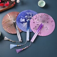 Magnetic Closure Folding Paper Hand Fan, Long Handle with Tassels, Portable Pocket Fan for Easy Carry