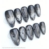 10pcs Handmade Black Silver Rose Pattern Press On Nails Cat eye Almond Long Gothic Shiny Fake Nails Cat Eye Decor False Nail