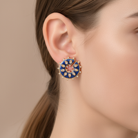 Vintage Round Cutout Earrings with Zircon & Enamel for Women 18K Gold Plated High Quality Ear Stud for Daily Jewelry
