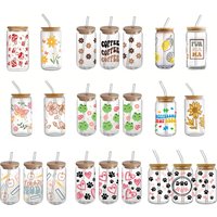 16oz Clear 3D Printed Sublimation Glass Cup With Bamboo Lid And Glass Straw Drinking Cups With Waterproof Sticker Muti-Pattern