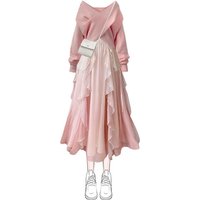 2025 New Lolita Loose Pink Sweater Sexy Suspender Dress Casual Two-piece Elegant Women Dresses Set Vacation Outfits for Women's