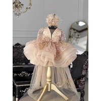 Custom Flower Girl Dress Wedding Dress Party Kids Long Sleeve Sequin Bow Ruffled Tulle Tutu Dress With Detachable Train Formal