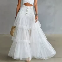 2026 Summer Women's Mesh Tiered Elegant High Waist Tulle Cake Skirt Large Swing Midi Skirt Casual Fairy Long Skirt New