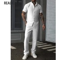Men's Summer Solid Color Vertical Strip Short-sleeved Shirt + Drawstring Pants Two-piece Sets Men Casual Breathable Streetwear