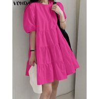 VONDA Fashion Mini Dress Women Summer Sundress 2024 Elegant Round Neck Ruffled Solid Color Party Vestido Short Sleeve Robe Femme
