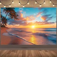 Romantic beach sunrise mural, festive decorations and vibrant photos of home atmosphere background