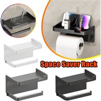 No Drill Bathroom Toilet Paper Holder Wall Mounted With Phone Stand And Storage Shelf Over Toilet Space Saving Organizer